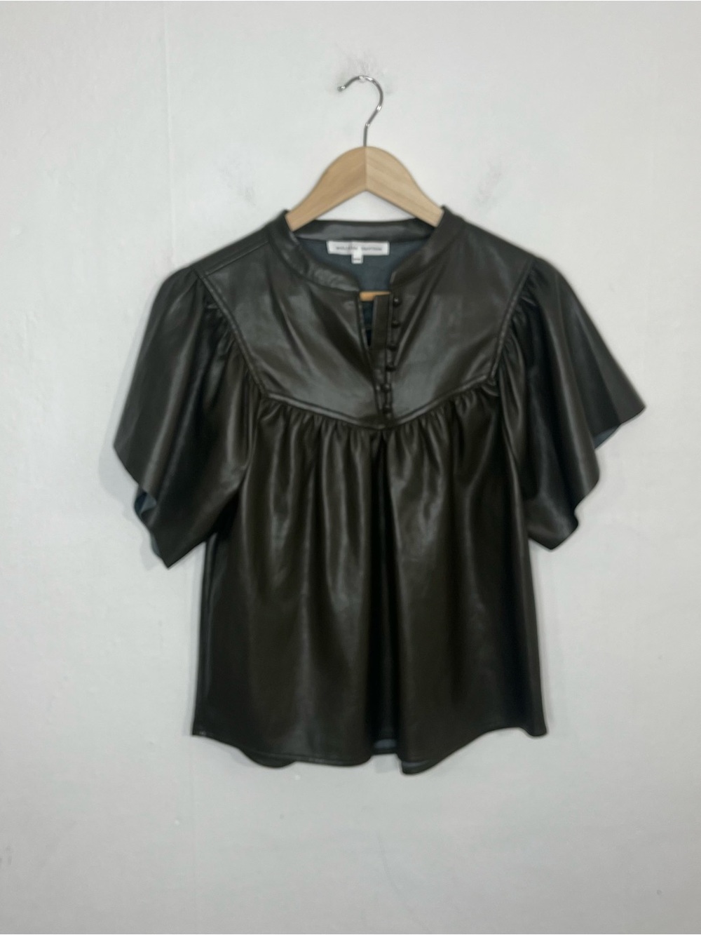 MELISSA NEPTON Lanni Vegan Leather Dark Khaki Blouse Top Size Medium